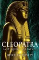 Gouden beeld van Cleopatra met hoofdtooi en Egyptische pruik, met de tekst 'Cleopatra Last Queen of Egypt' Joyce Tyldesley.
