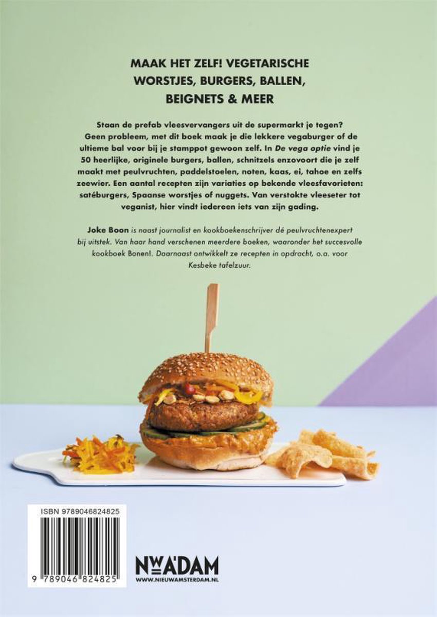 Boekcover 'De vega optie' met tekst over vegetarische worsten, burgers en meer. Een vegetarische burger met frietjes en chips staat onderaan.
