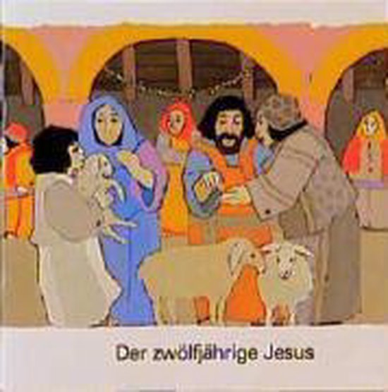 Een illustratie van Der zwölfjährige Jesus met schapen en mensen in een marktscène. De tekst onderaan luidt 'Der zwölfjährige Jesus'.