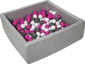 Ballenbak vierkant - grijs - 90x90x30 cm - met 300 fuchsia, grijs en witte ballen