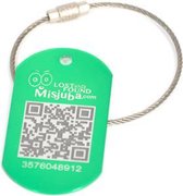 Misjuba - lost item - gevonden verloren - Kofferlabel Aluminium groen met RVS kabel