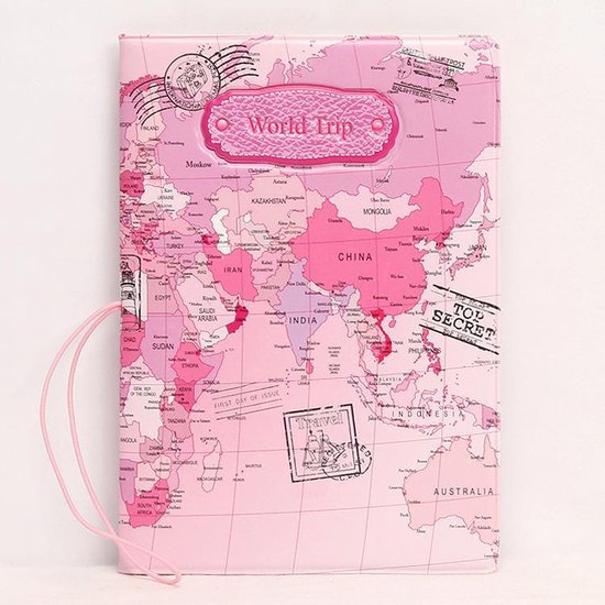 Paspoorthouder met Wereldkaart Opdruk - Roze - Reisportemonnee
