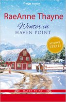 Boekomslag: Rood schuurtje in de sneeuw met paarden, besneeuwde bergen en tekst 'Winter in HAVEN POINT' en 'NIEUWE SERIE!'