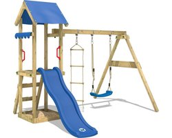 WICKEY speeltoestel klimtoestel TinyCabin met schommel & blauwe glijbaan, outdoor klimtoren voor kinderen met zandbak, ladder & speelaccessoires voor de tuin