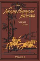 Boek 'The North American Indians Volume II' door George Catlin met een illustratie van twee mannen te paard met speren, omringd door palmbomen.