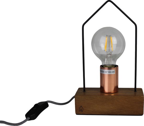 Housevitamin tafellamp - houten / koperen lamp huis - 25cm