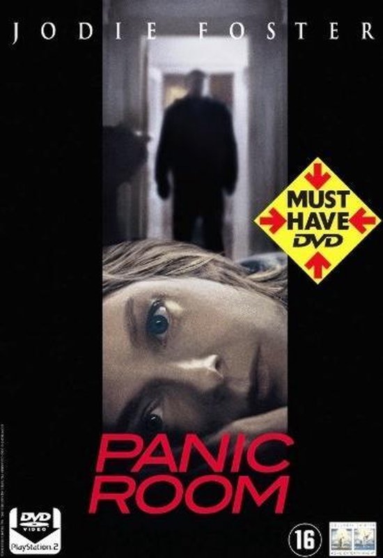 Jodie Foster op de voorgrond, met de titel 'Panic Room' en een man in silhouet op de achtergrond. Gele 'Must Have DVD' sticker.