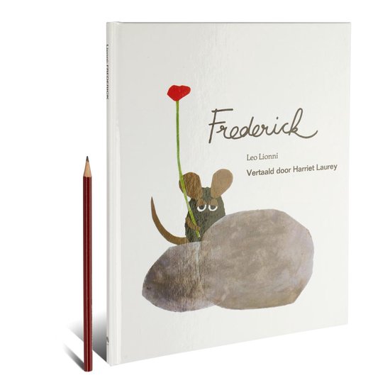 Boek "Frederick" van Leo Lionni met een muisje en een bloem, naast een potlood.