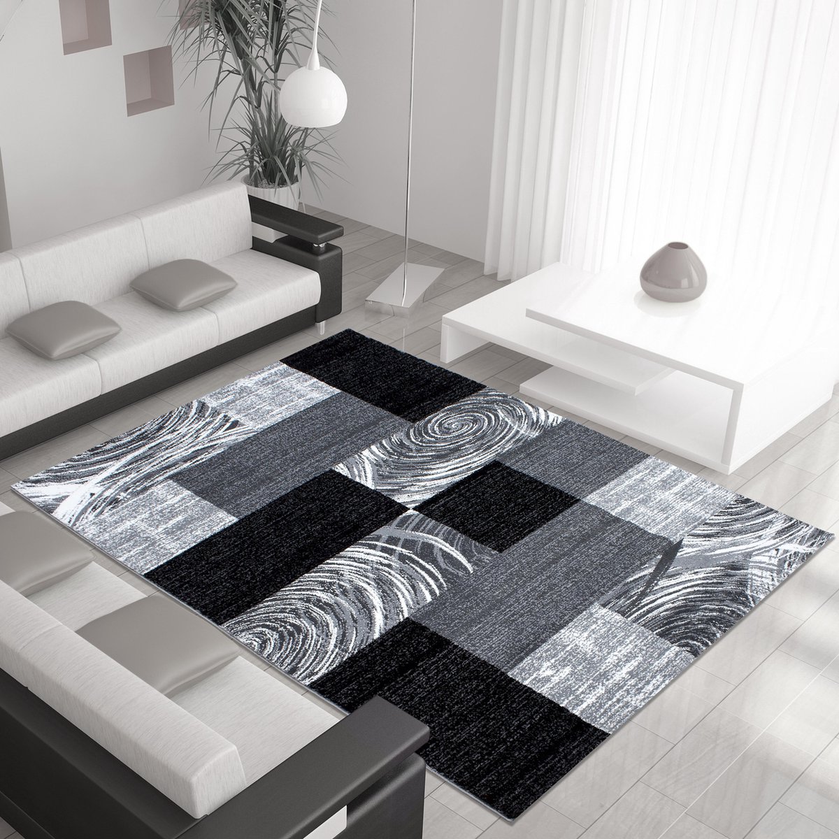 flycarpets Laagpolig vloerkleed met abstract ruitpatroon, zwart, geschikt voor de woonkamer, met jute achterkant, afmetingen: 160 cm x 230 cm BLACK