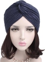 Fashionidea – mooie blauwe dames wintermuts, gebreid in tulbandvorm