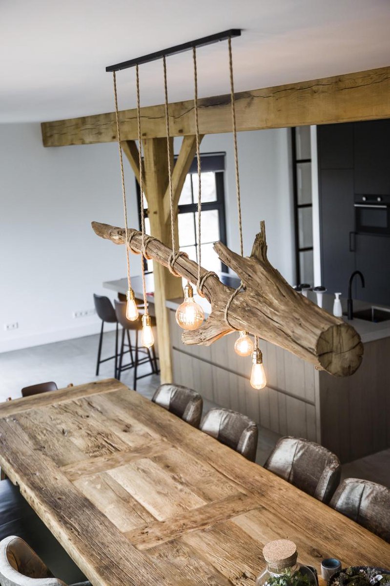 Lampe de table souche d'arbre en bois avec ampoule à filament de carbone  (fil de lin) | bol