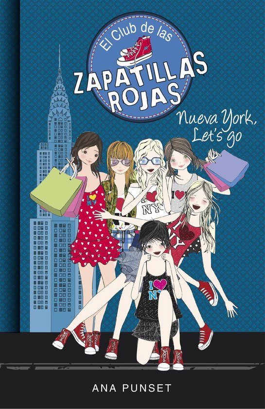 Boekomslag van 'El Club de las Zapatillas Rojas 10 - Nueva York, Let's Go' met zes meisjes voor een achtergrond van New Yorkse gebouwen, in rode schoenen.