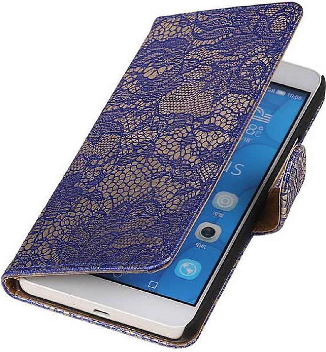 Bloem Bookstyle Wallet Case Hoesjes Geschikt voor Huawei Honor 6 Plus Blauw