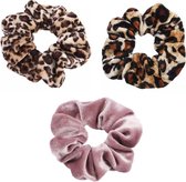 Chouchou 3 pièces Velvet Extra Full and Luxury Set - Chouchous à cheveux élastiques - vieux rose - imprimé léopard marron / noir - tons marron imprimé léopard - Kraagjeskopen.nl