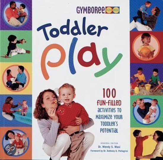 Boekcover "Toddler Play" van Gymboree, met een vrouw en een kind op de voorgrond en 9 kleine afbeeldingen van kinderen en ouders.