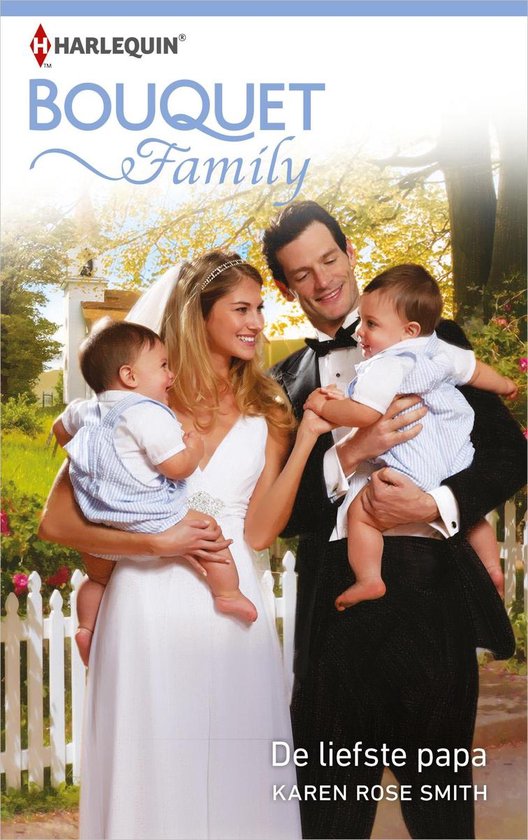Bruid in witte jurk met sluier en bruidegom in smoking met twee baby's in gestreepte outfits. "BOUQUET Family De liefste papa" is op de cover.