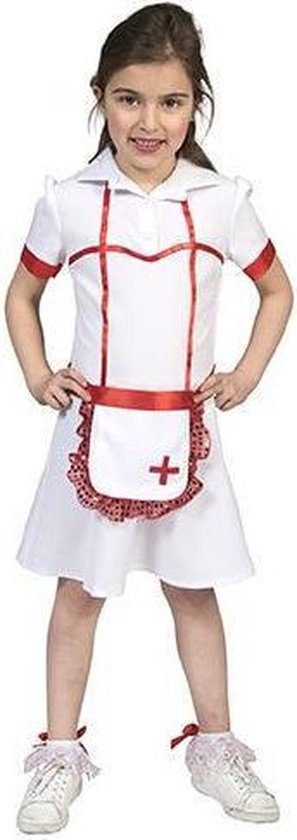 Funny Fashion - Verpleegster & Masseuse Kostuum - Ziekenhuis Zuster Sara - Meisje - rood,wit / beige - Maat 140 - Carnavalskleding - Verkleedkleding