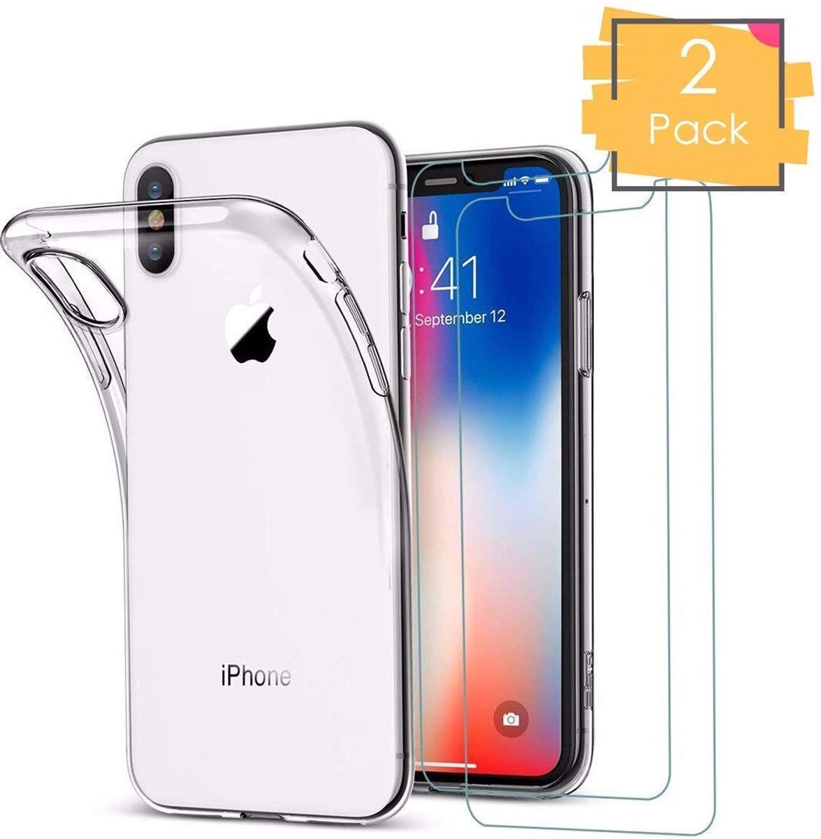 Transparant Hoesje voor iPhone Xs / X Soft TPU Gel Siliconen Case + Tempered Glass Screenprotector