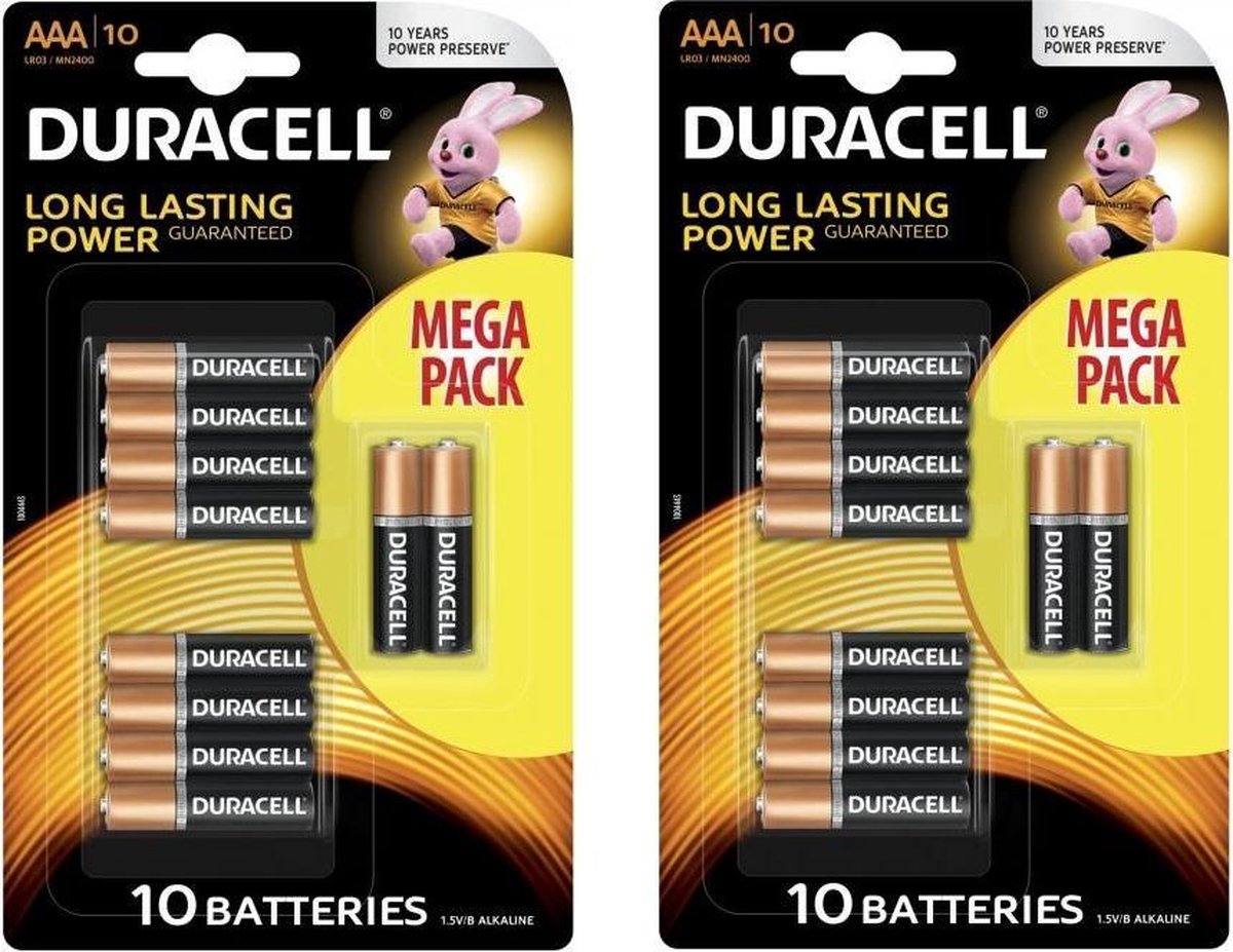 20 Stuks (2 Blisters a 10st) - Duracell MEGA PACK LR03 / AAA / R03 / MN 2400 1.5V alkaline batterij