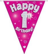 slinger 1 jaar meisje (vlaggenlijn hologram)eerste verjaardag roze