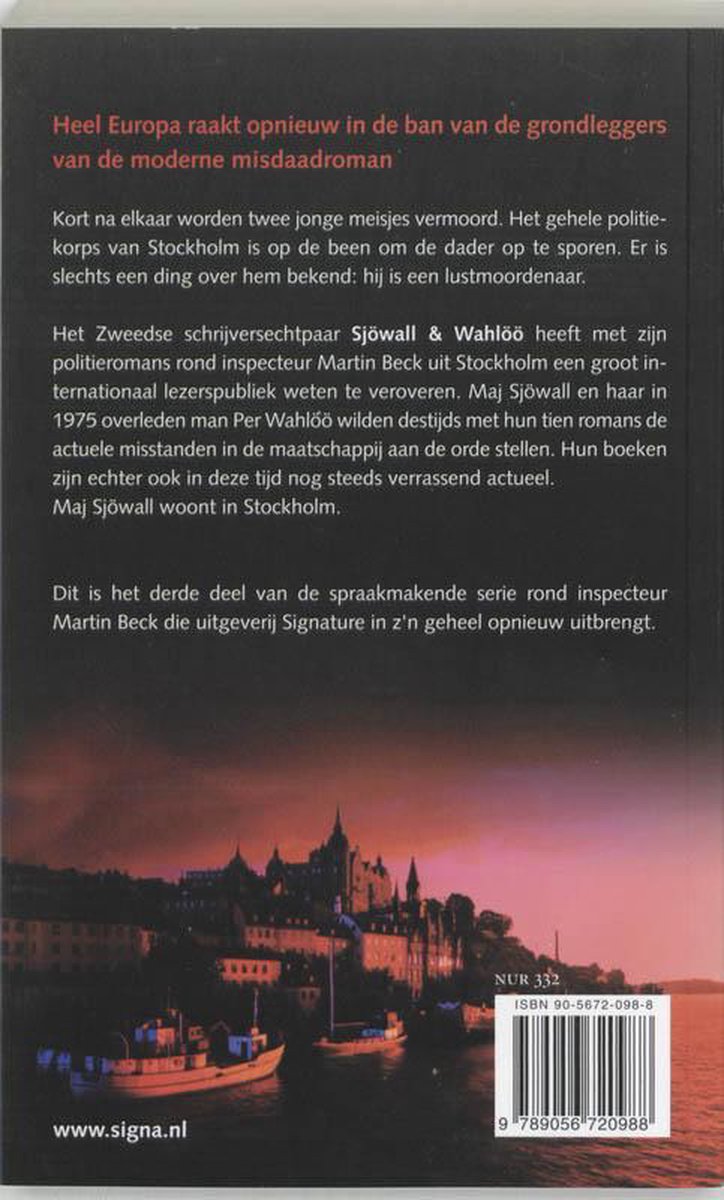 Boekrug met een afbeelding van Stockholm bij zonsondergang en de titel 'Heel Europa raakt opnieuw in de ban van de grondleggers van de moderne misdaadroman'.