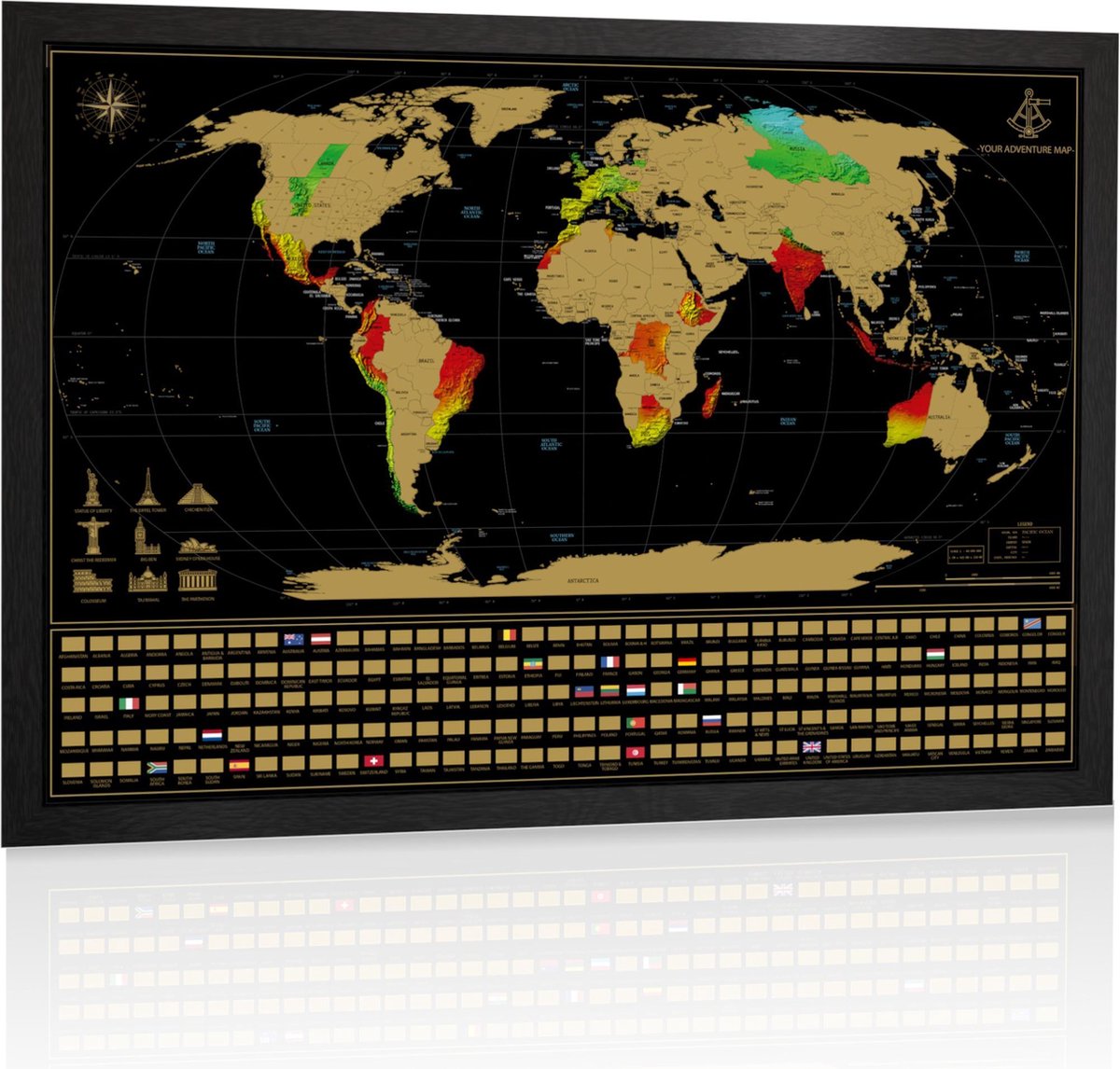 VOTRE AVENTURE Carte à gratter du monde avec cadre en bois - 90x60 cm -  Carte à
