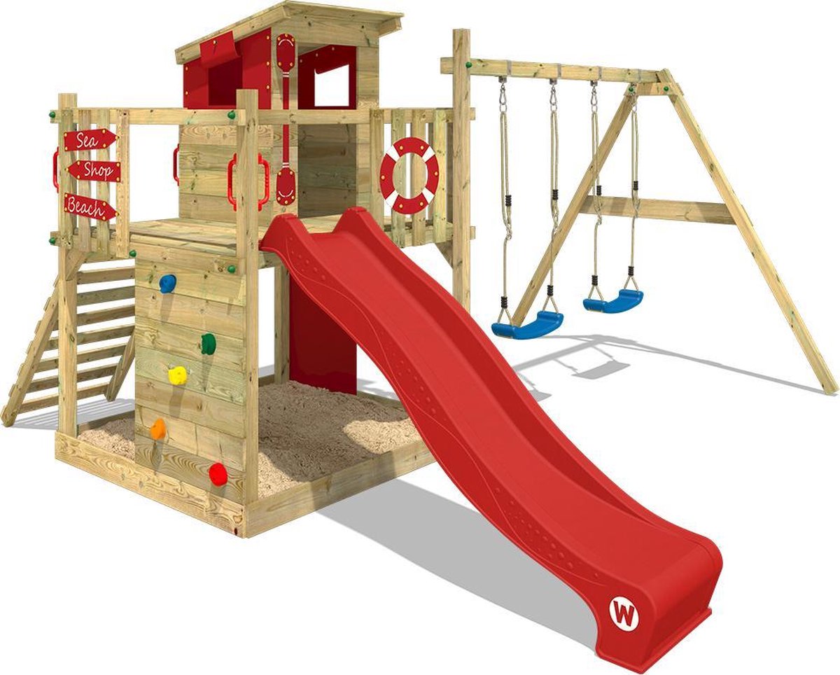 Wickey Smart Camp Speeltoestel - Dubbele schommel met Glijbaan en Speelhuisje - Klimwand & Zandbak - 390x420x237 cm - Rood
