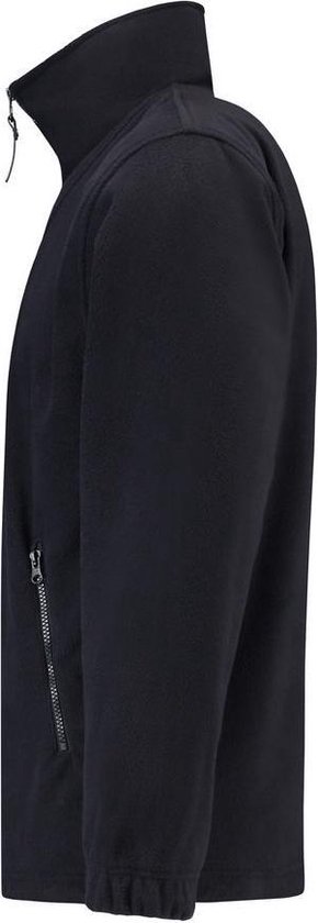 Zijaanzicht van een donkerblauwe Tricorp fleece trui met ritskraag en een ritszak.