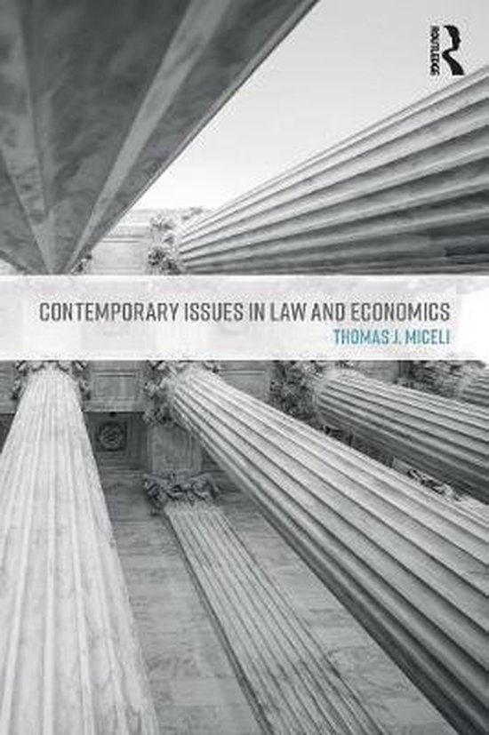 Boekomslag met de titel 'Contemporary Issues in Law and Economics' van Thomas J. Miceli, met een afbeelding van klassieke zuilen.