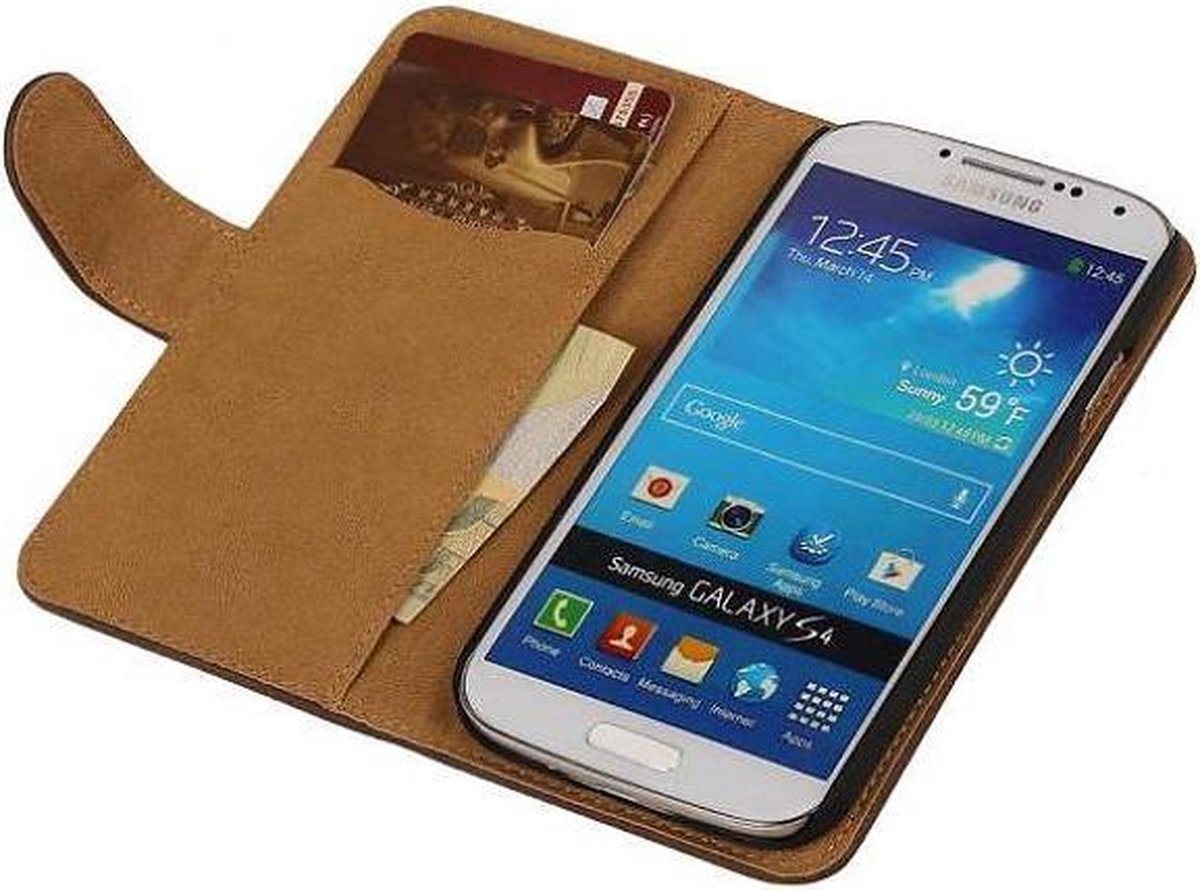 Hout Bookstyle Wallet Case Hoesje Geschikt voor de Samsung Galaxy S4 i9500 Donker Bruin