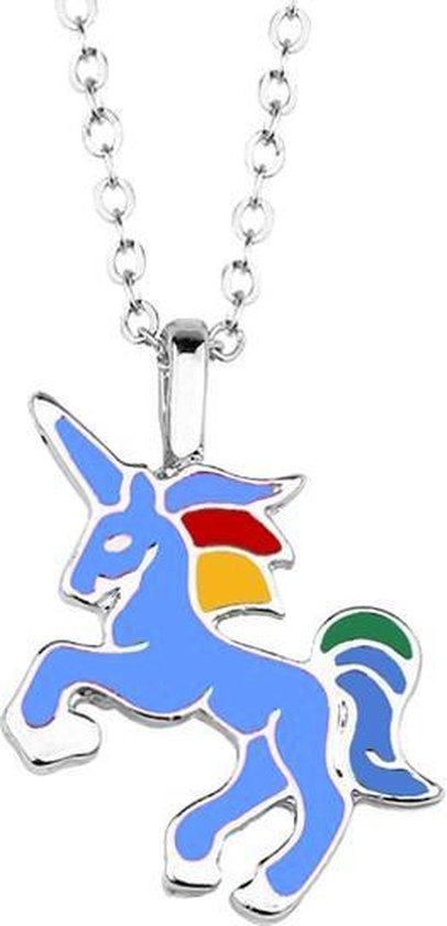 Fako Bijoux® - Kinderketting - Eenhoorn Regenboog Blauw - Zilverkleurig