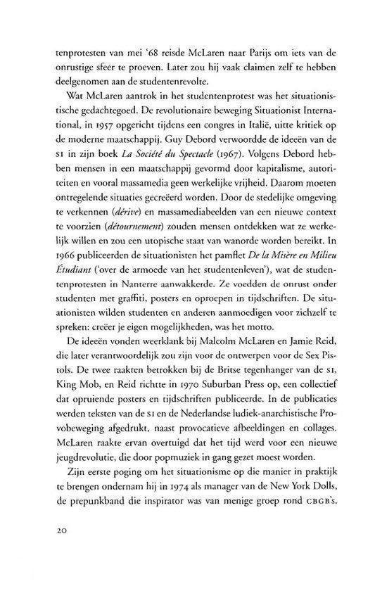 Pagina met tekst over de situationistische beweging, Guy Debord, Malcolm McLaren en de band Sex Pistols. Pagina 20.