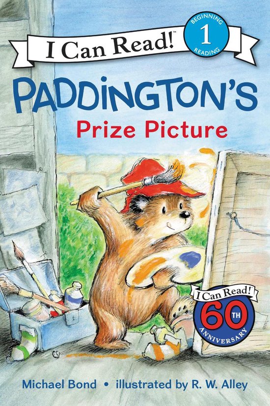 Paddington de beer schildert een schilderij met een palet en kwasten, met 'I Can Read!' en 'Paddington's Prize Picture'.