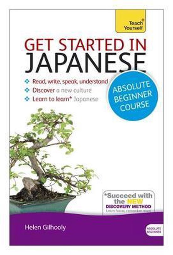Boek 'Get Started in Japanese Absolute Beginner Course' met een bonsai boom op de voorkant.
