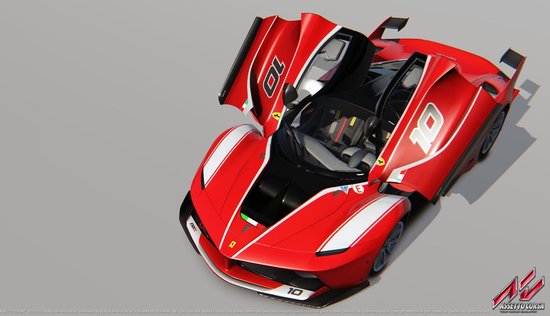 Rode Ferrari FXX-K met nummer '10', deuren open, op een grijze ondergrond.