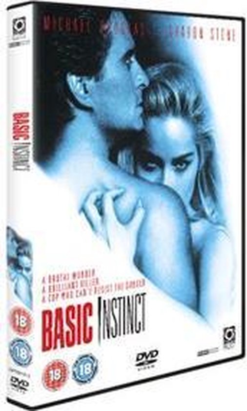 DVD-hoes van Basic Instinct met een close-up van Michael Douglas die Sharon Stone kust.