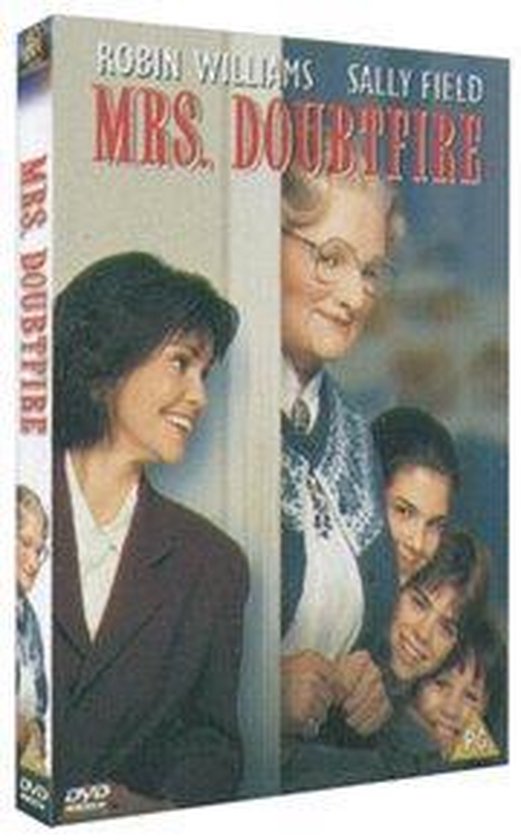 La jaquette du DVD de Mrs. Doubtfire, avec Sally Field et les enfants au premier plan, et Robin Williams en Mrs. Doubtfire.