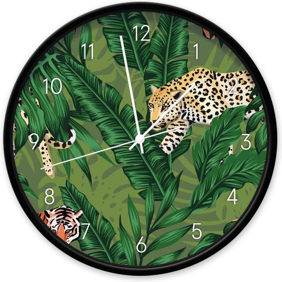 Dutch Sprinkles kinder klok Jungle - 30 cm - wandklok + cijfers, zwart frame, geluidloos, groen