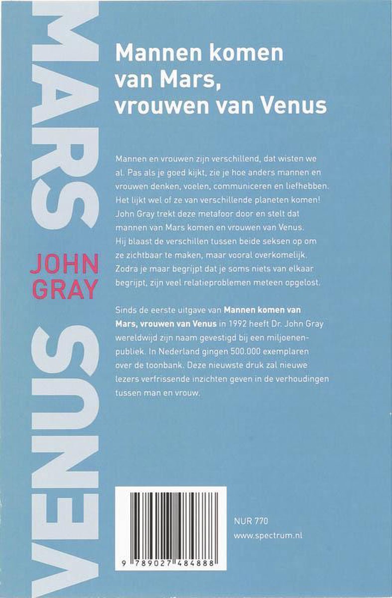 Boekomslag van Mannen komen van Mars, vrouwen van Venus. De achterkant toont de titel en auteur John Gray op een blauwe achtergrond.