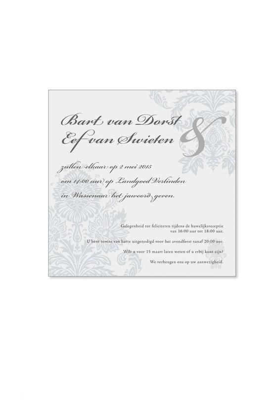 Grijze trouwkaart met gestileerde bloemen en tekst 'Bart van Dorst & Eef van Swieten zullen elkaar op 2 mei 2015 geven.