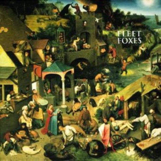 Albumhoes met een schilderij van een drukke middeleeuwse stad, met mensen en dieren. De tekst "FLEET FOXES" staat rechtsboven.