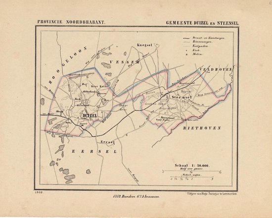 Historische kaart, plattegrond van gemeente Duizel en Steensel in Noord Brabant uit 1867