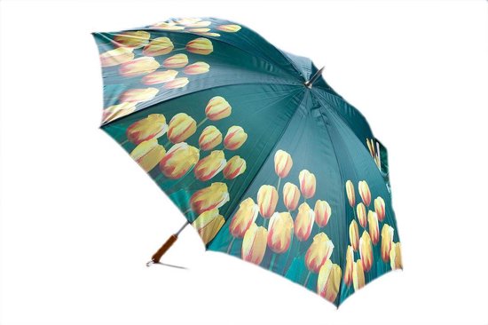 Stevige paraplu met tulpenprint en houten handvat - Multikleur - ø130cm - Tulp - Geel - Zeer groot - Wind - Regen - Paraplu's