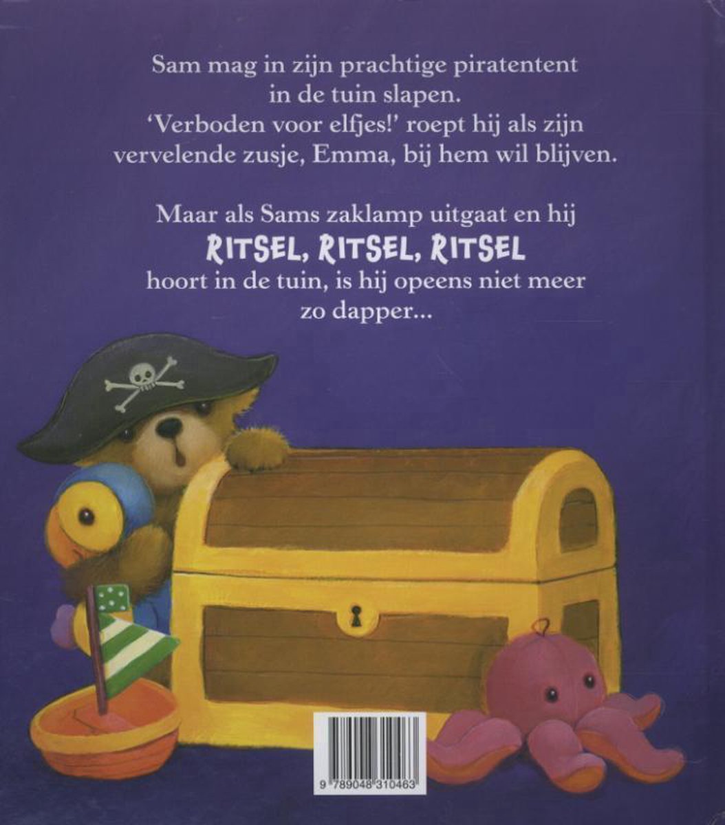 Een teddybeer, verkleed als piraat, staat bij een schatkist. Naast de schatkist een opblaasbaar octopus en een bootje met vlag.