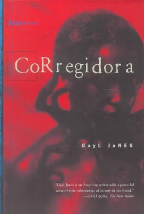 Boekcover van Corregidora van Gayl Jones. Rood met tekst en een donker silhouet.