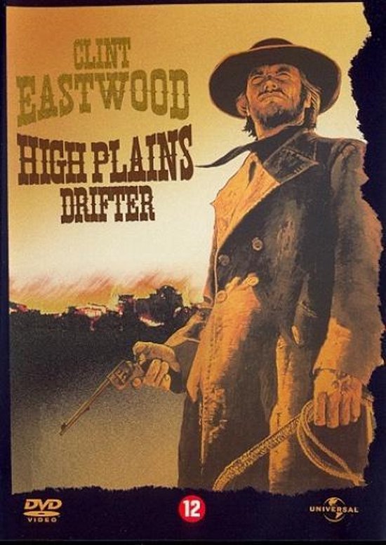 Clint Eastwood als 'The Stranger' in High Plains Drifter, met cowboyhoed, jas, riem met revolver en touw.