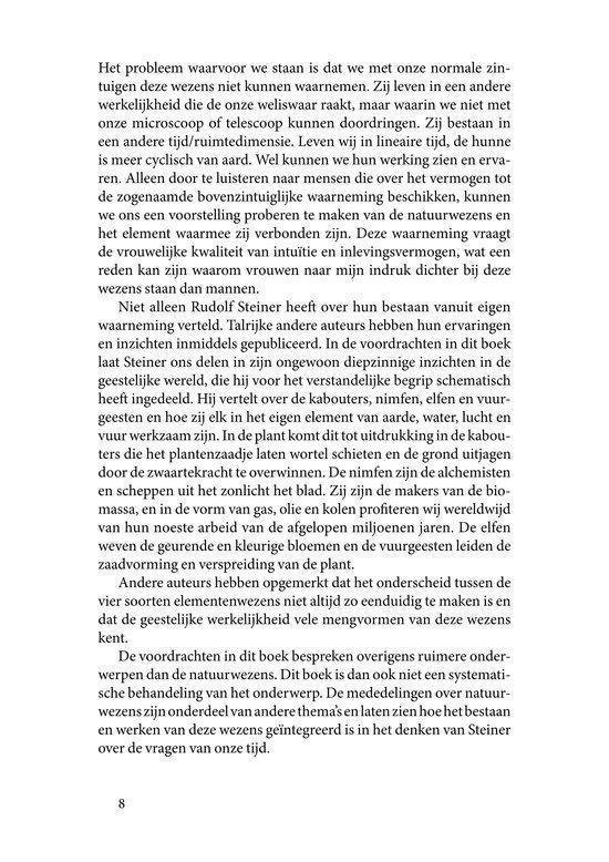 Pagina met tekst uit "Natuurwezens" over de elementen en de natuur. Geschreven in het Nederlands.