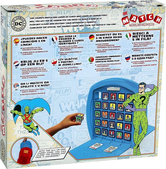 Achterkant van het DC Comics Top Trumps Match spelbord, met meertalige instructies en afbeeldingen.