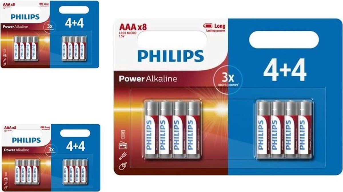 24 Stuks - (3 blisters a 8st) - AAA R3 Philips Power Alkaline