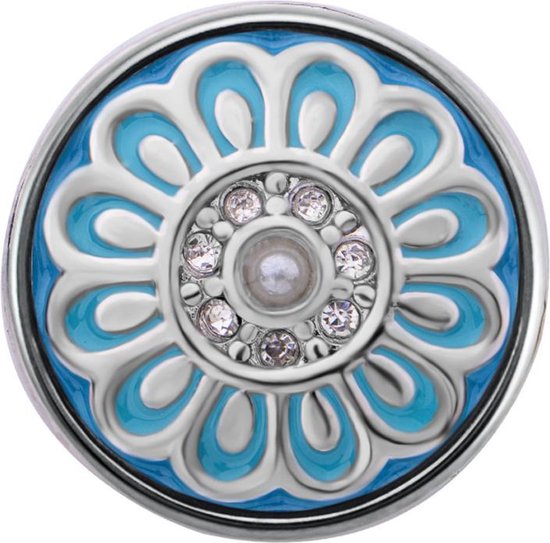 Quiges - Dames Click Button Drukknoop 18mm Bloem Blauw met Faux Parel- EBCM284